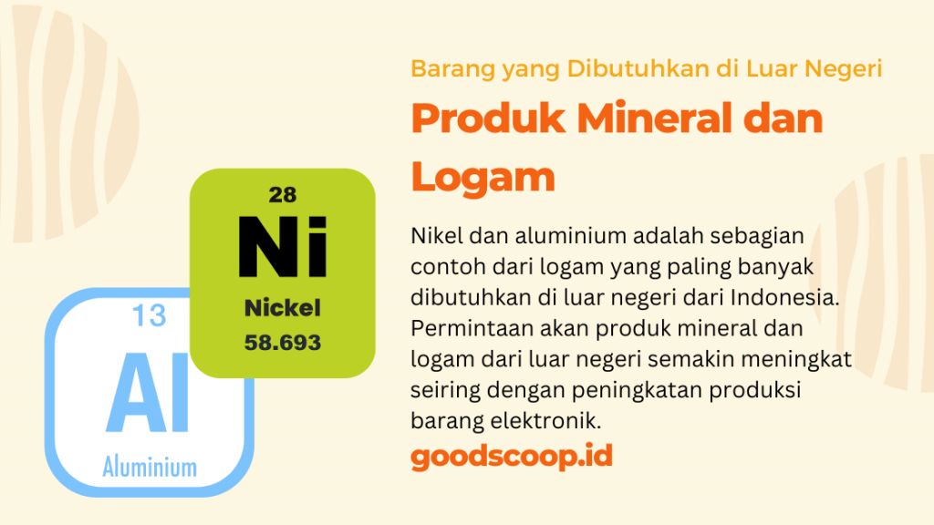 Nikel dan aluminium adalah sebagian contoh dari logam yang paling banyak dibutuhkan di luar negeri dari Indonesia
